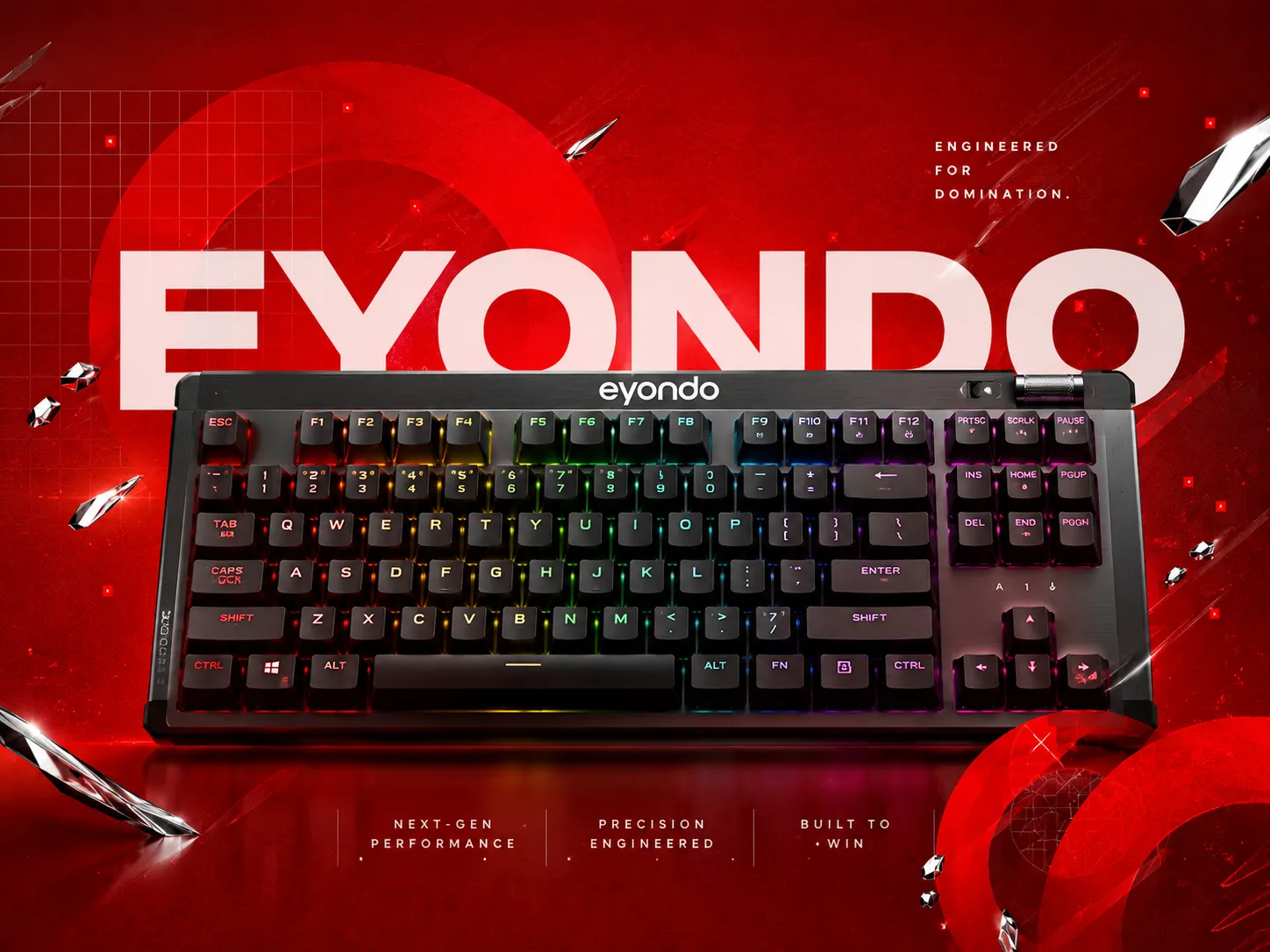 Dramatic gaming keyboard campaign visual with layered brand typography, generated with GPT Image 2