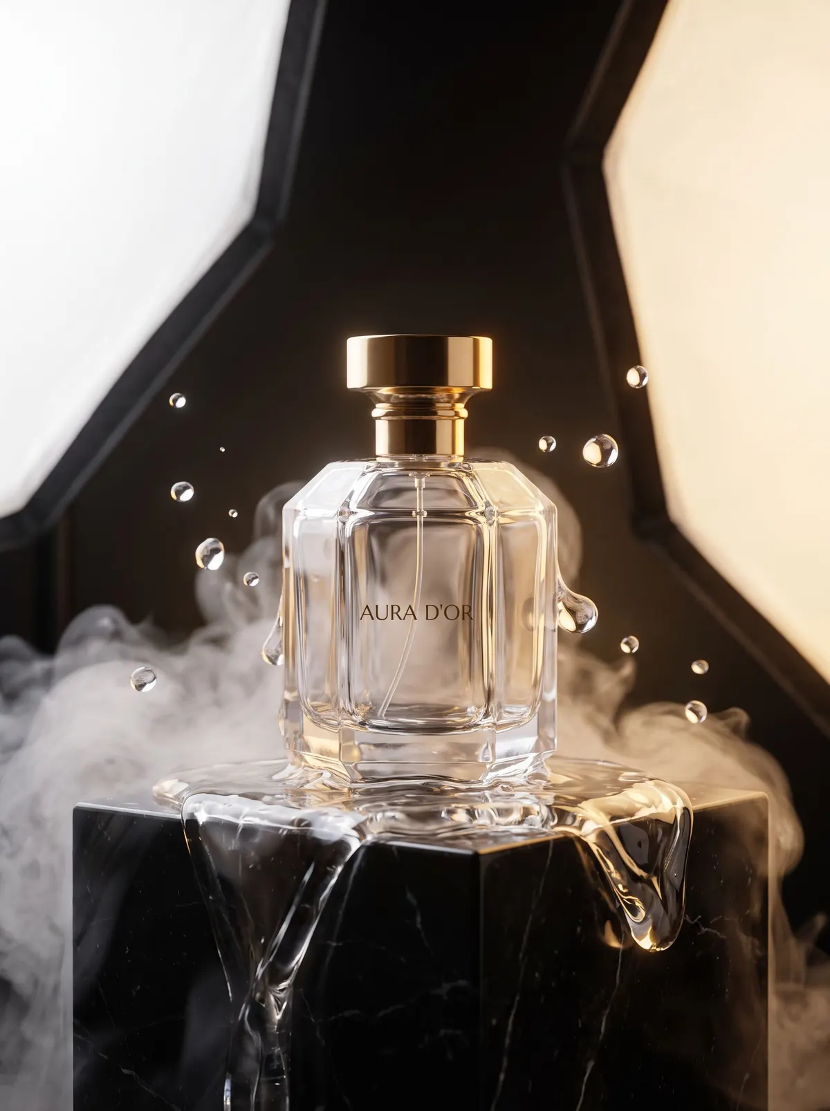 Luxury perfume bottle with a readable label on black marble, generated with Nano Banana