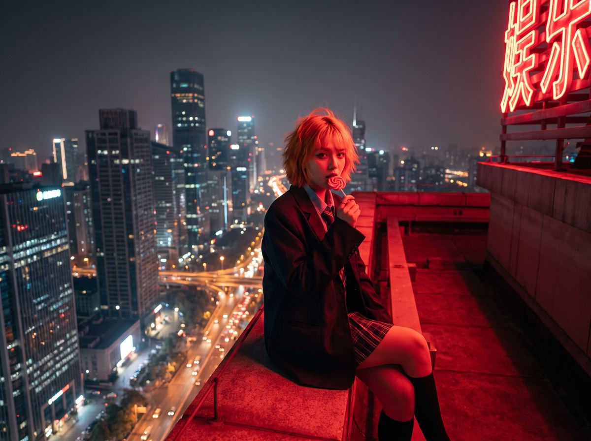 Cinematic neon rooftop night scene over a city skyline, generated with Seedream 5 Pro